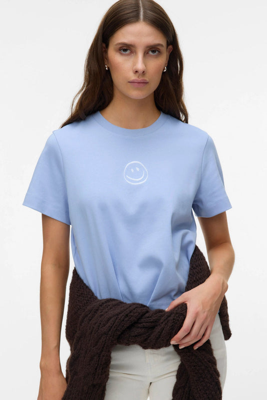 γυναικείο t-shirt vero moda γαλάζιο κοντομάνικο με smile print
