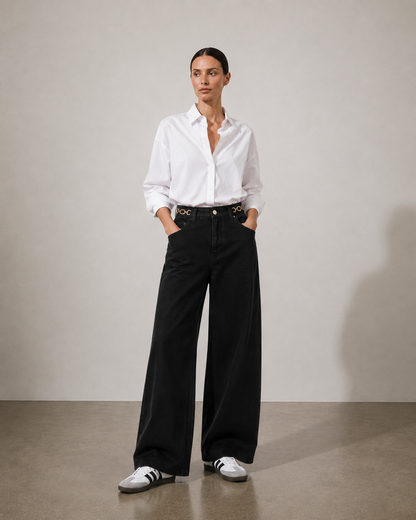 Γυναικείο wide fit τζιν VERO MODA μαύρο KATHY, ολόσωμη εμφάνιση μπροστά
