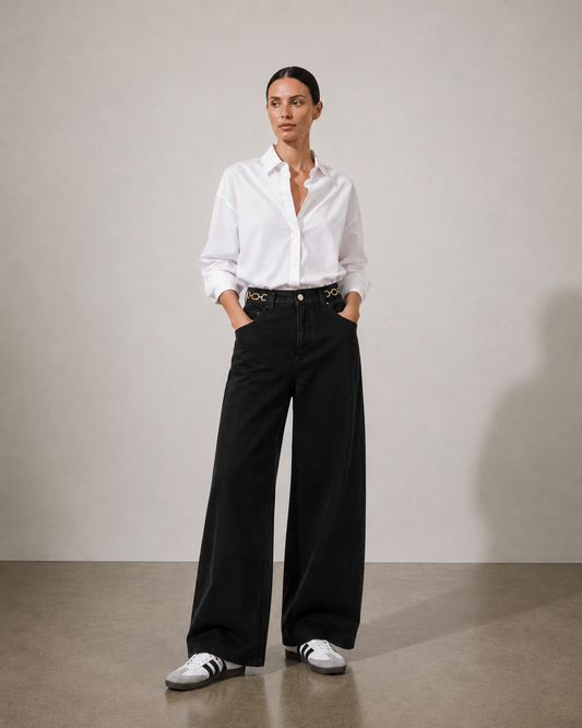 Γυναικείο wide fit τζιν VERO MODA μαύρο KATHY, ολόσωμη εμφάνιση μπροστά
