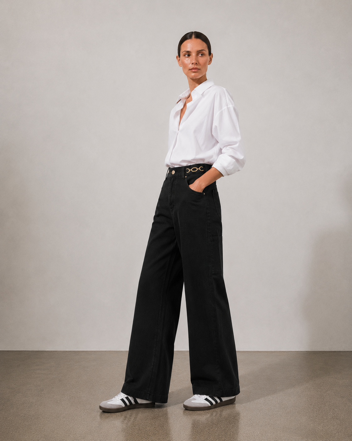 Γυναικείο wide fit τζιν VERO MODA μαύρο KATHY, ολόσωμη πλαϊνή editorial εμφάνιση
