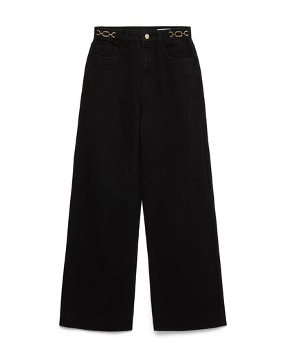 Γυναικείο wide fit τζιν VERO MODA μαύρο KATHY με χρυσές αλυσίδες στη μέση, flat lay μπροστά

