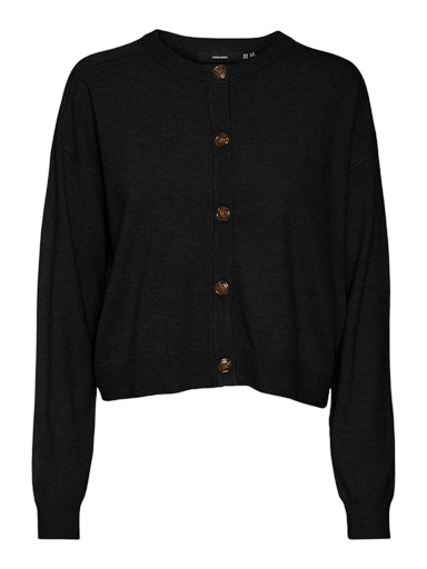 Μαύρη πλεκτή ζακέτα VERO MODA με ανάλαφρη πλέξη σε επίπεδη διάταξη που δείχνει το σχήμα και τις αναλογίες 