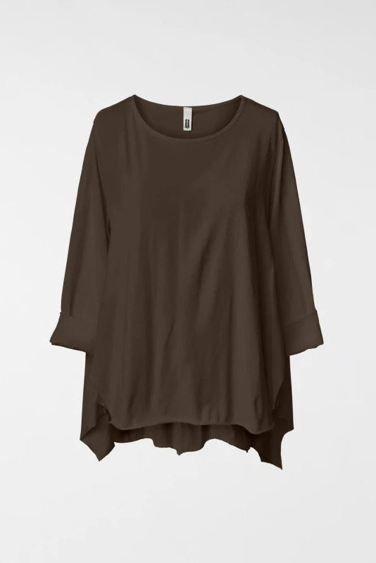Wendy Trendy Γυναικεία ασύμμετρη μπλούζα από βαμβακερό ύφασμα σε καφέ χρώμα με πλαϊνά ανοίγματα
