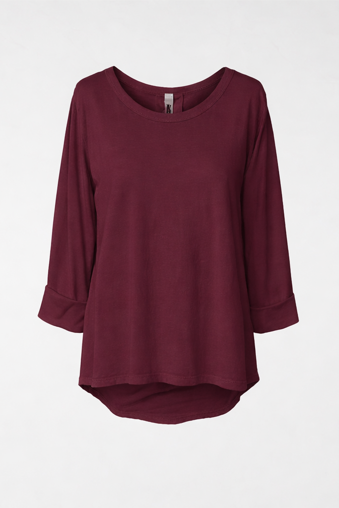 Wendy Trendy Γυναικεία ασύμμετρη μπλούζα από βαμβακερό ύφασμα σε μπορντό χρώμα με κουφόπιετα στη μέση της πλάτης