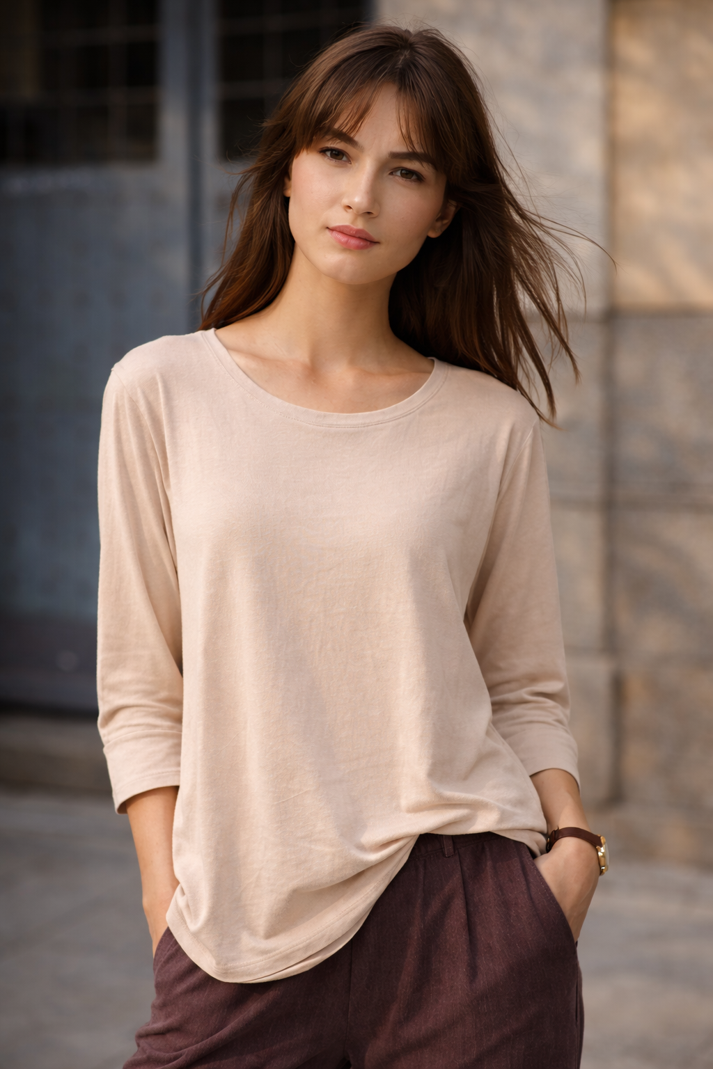 Wendy Trendy  Γυναικεία ασύμμετρη μπλούζα από βαμβακερό ύφασμα σε dusty pink χρώμα με κουφόπιετα στη μέση της πλάτης μπροστινή όψη