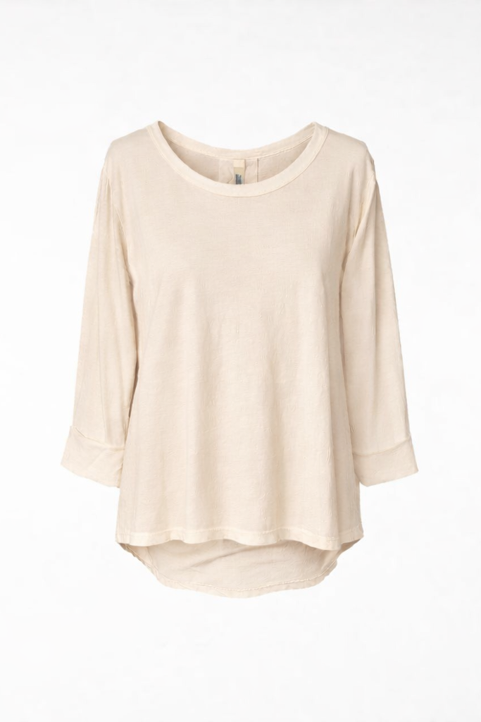 Wendy Trendy Γυναικεία ασύμμετρη μπλούζα από βαμβακερό ύφασμα σε μπεζ χρώμα με κουφόπιετα στη μέση της πλάτης