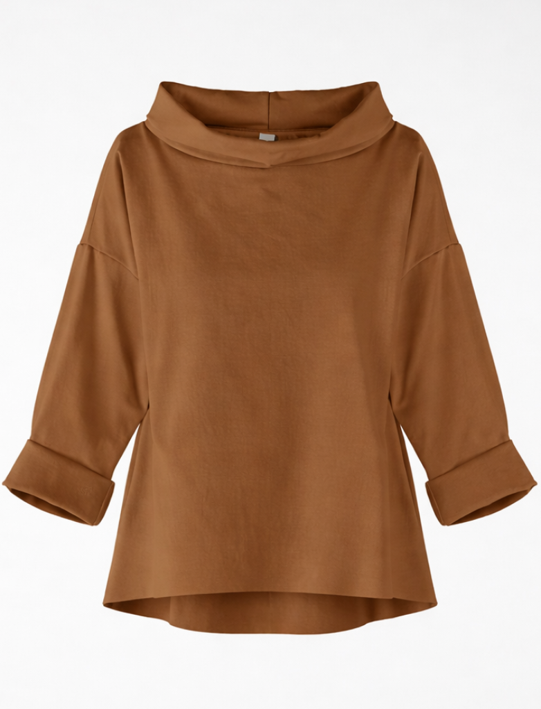 Wendy Trendy γυναικεία ασύμμετρη μπλούζα camel Punto Milano με ψηλό γιακά