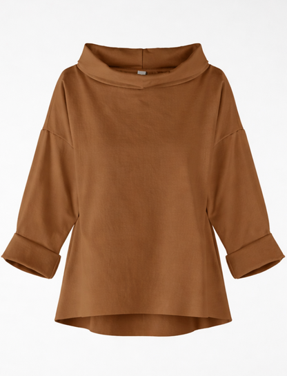 Wendy Trendy γυναικεία ασύμμετρη μπλούζα camel Punto Milano με ψηλό γιακά