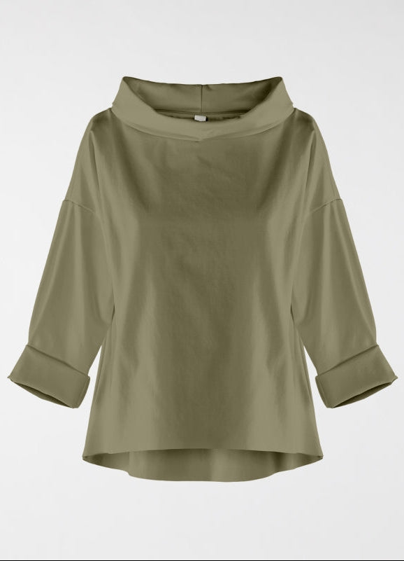 Wendy Trendy γυναικεία ασύμμετρη μπλούζα λαδί Punto Milano με ψηλό γιακά