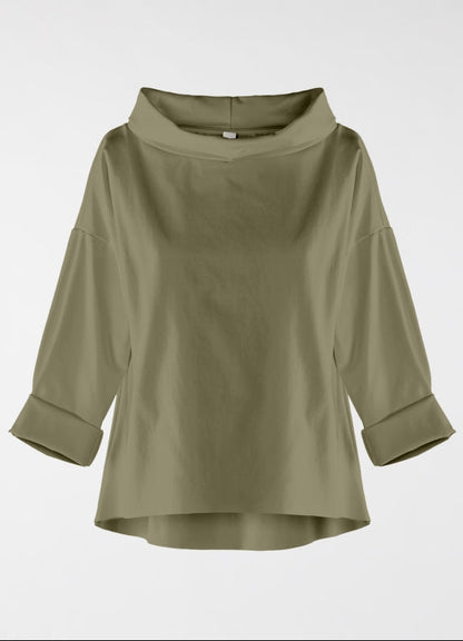 Wendy Trendy γυναικεία ασύμμετρη μπλούζα λαδί Punto Milano με ψηλό γιακά