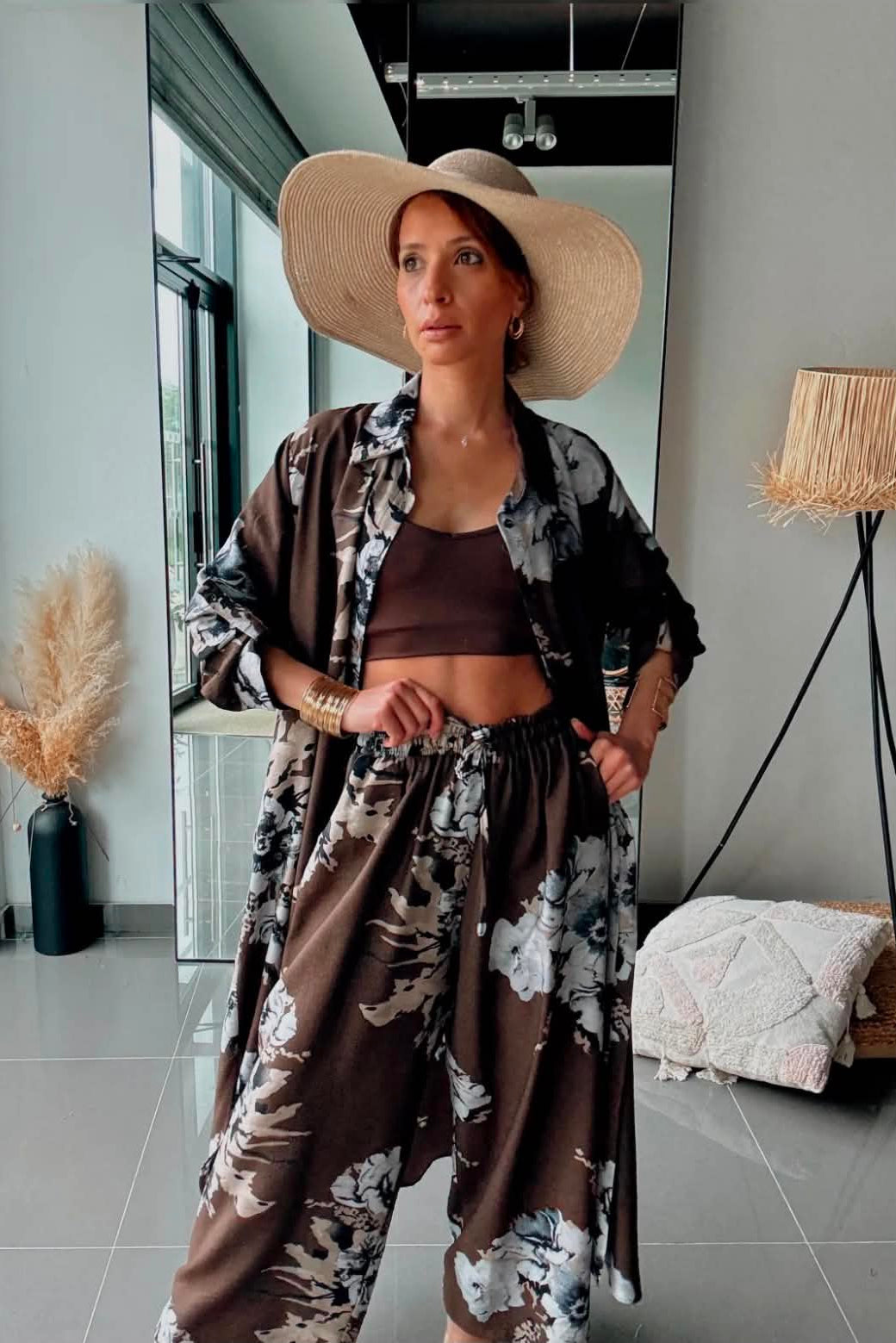 Σετ Floral Print Μακριά Πουκαμίσα & Παντελόνι
