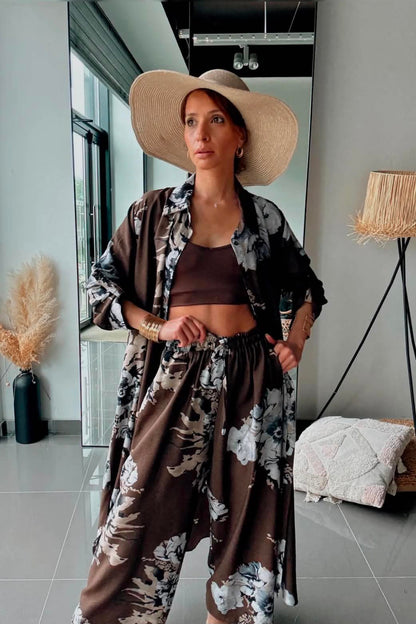 Σετ Floral Print Μακριά Πουκαμίσα & Παντελόνι