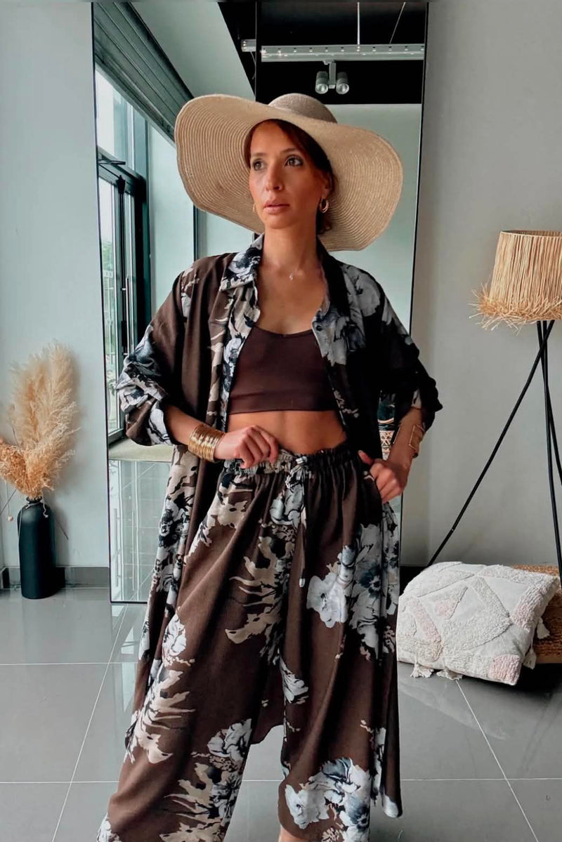 Σετ Floral Print Μακριά Πουκαμίσα & Παντελόνι
