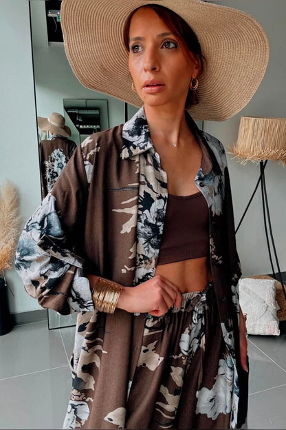 Σετ Floral Print Μακριά Πουκαμίσα & Παντελόνι