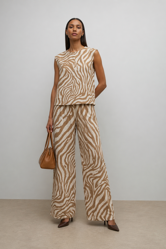 Παντελόνα Animal Print Wide Leg Ελαστική Μέση Μπεζ-Εκρού
